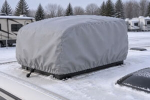 A cover on an air conditioning unit for an RV